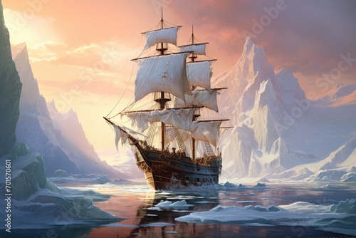 Sailing ship in the ocean at sunset. 3D illustration, An old sailing ship navigating through towering icebergs, AI Generated