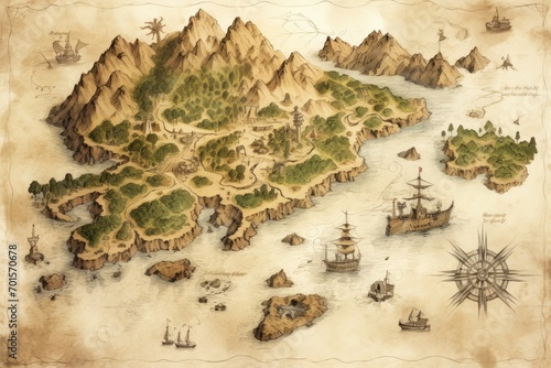 Old map of the island of Mallorca, Spain. Vintage style, An old treasure map leading to a mysterious island, AI Generated