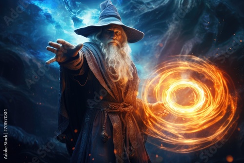 Old wizard in the dark. Halloween theme. 3D rendering, An old wizard casting a spell, with magical energy swirling around him, AI Generated photo