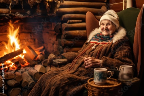 Elderly woman sitting by the fireplace at home in winter, An older woman knitting by the fireplace inside a cozy log cabin, AI Generated