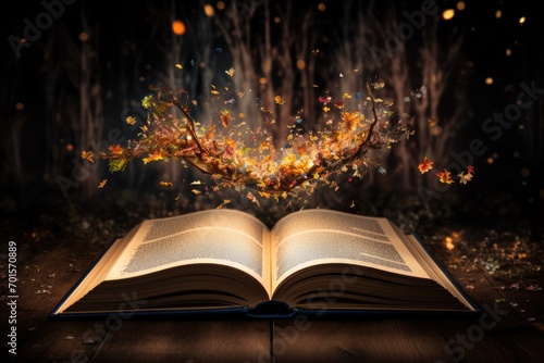 Burning magic book in the dark. Halloween concept. 3D Rendering, An open book with a story coming alive from its pages, AI Generated