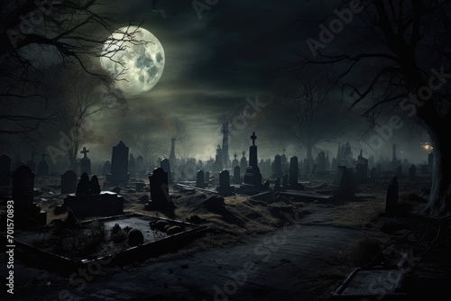 Gravestones in the cemetery at night with moon. Halloween concept, An ominous, haunting graveyard under the full moon's light, AI Generated