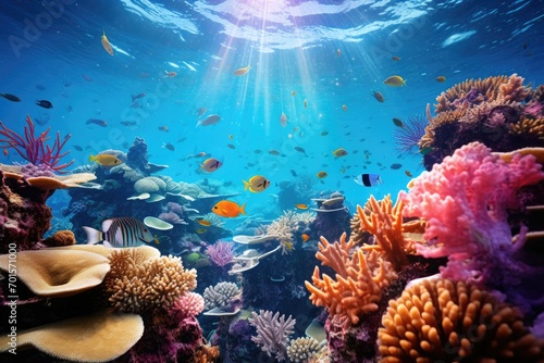 Underwater world with corals and tropical fish. 3d render, An undersea coral reef teeming with vibrant marine life, AI Generated
