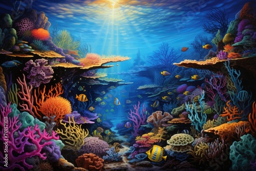 Underwater world with corals and tropical fish. Underwater world, An undersea coral reef teeming with vibrant marine life, AI Generated