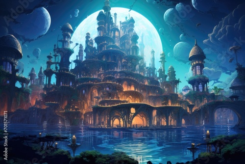 Hindu temple in the moonlight. Fantasy design. Digital painting, An underwater city with buildings made of coral, AI Generated photo