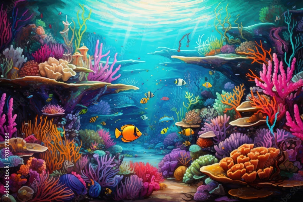 Underwater world with colorful corals and tropical fish. Underwater world, An underwater world teeming with diverse marine life, AI Generated