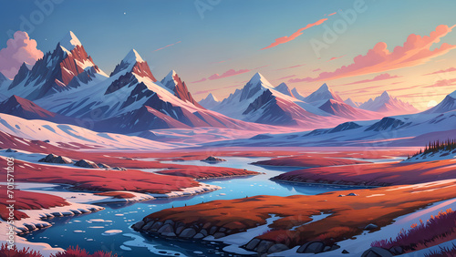 Tundra landscape in the style of colorful 20s 30s animation