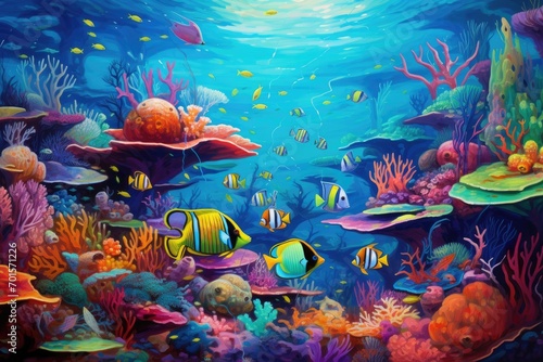 Underwater scene with coral reef and tropical fish. 3d illustration, An underwater world teeming with diverse marine life, AI Generated