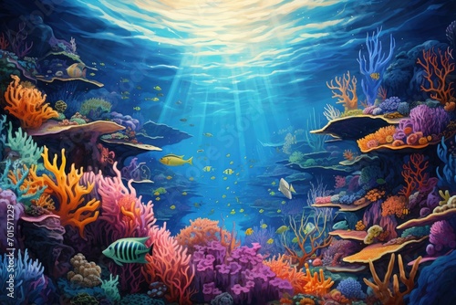 Underwater world with coral reef and fish. 3d illustration, An underwater world teeming with colorful marine life, AI Generated photo