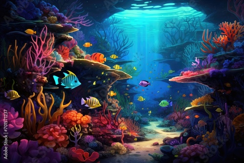 Underwater view of tropical coral reef with fishes and corals, An underwater world teeming with colorful marine life, AI Generated