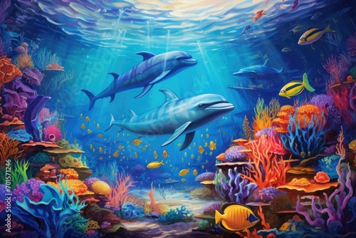 Fototapeta Naklejka Na Ścianę i Meble -  Underwater scene with coral reef and fishes. 3d illustration, An underwater world teeming with colorful marine life, AI Generated