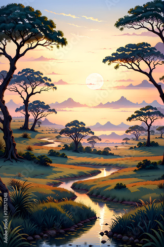 safari  landscape in the style of colorful 20s 30s animation