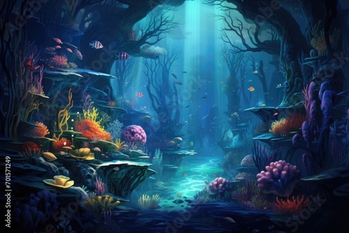 Underwater world with corals, fish and shark. 3d render, An underwater world teeming with diverse marine life, AI Generated