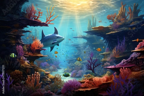 Underwater world with fish, corals and tropical fish. 3d rendering, An underwater world teeming with diverse marine life, AI Generated