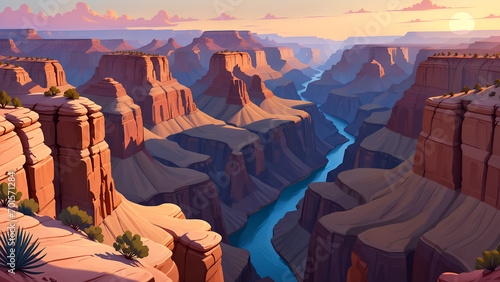 Canyon landscape in the style of colorful 20s 30s animation