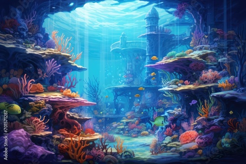 Underwater world. Underwater world with corals and fishes, An underwater world teeming with diverse marine life, AI Generated