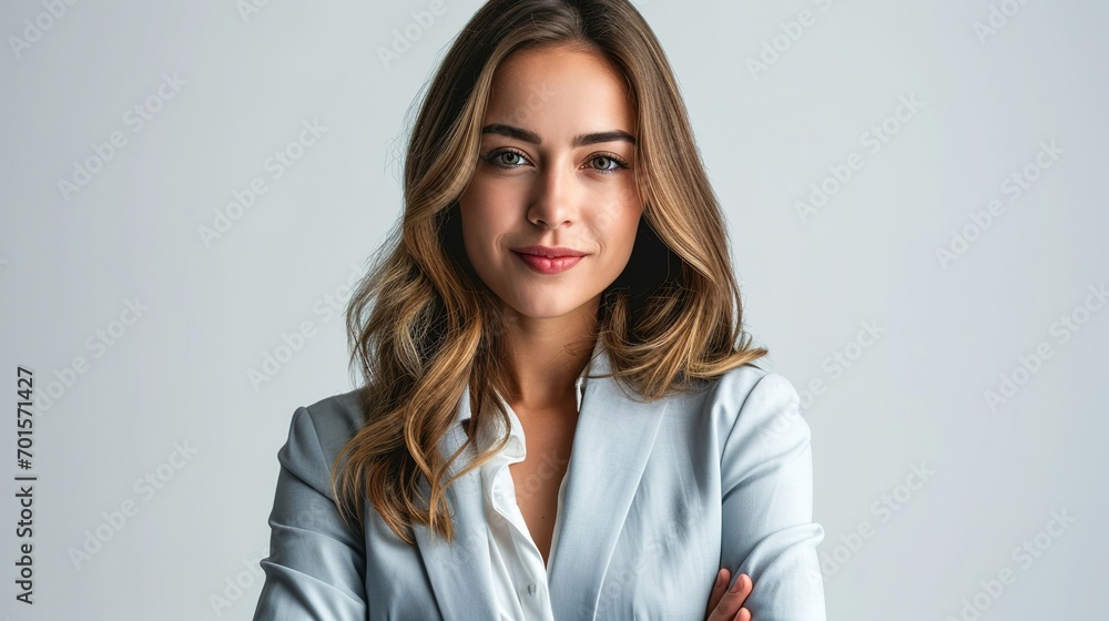 business woman smiling to camera standing pose on isolated white background. Female around 25 in suit portrait shot in studio business woman smiling to camera standing pose on isolated white background. Female around 25 in suit portrait shot in studio