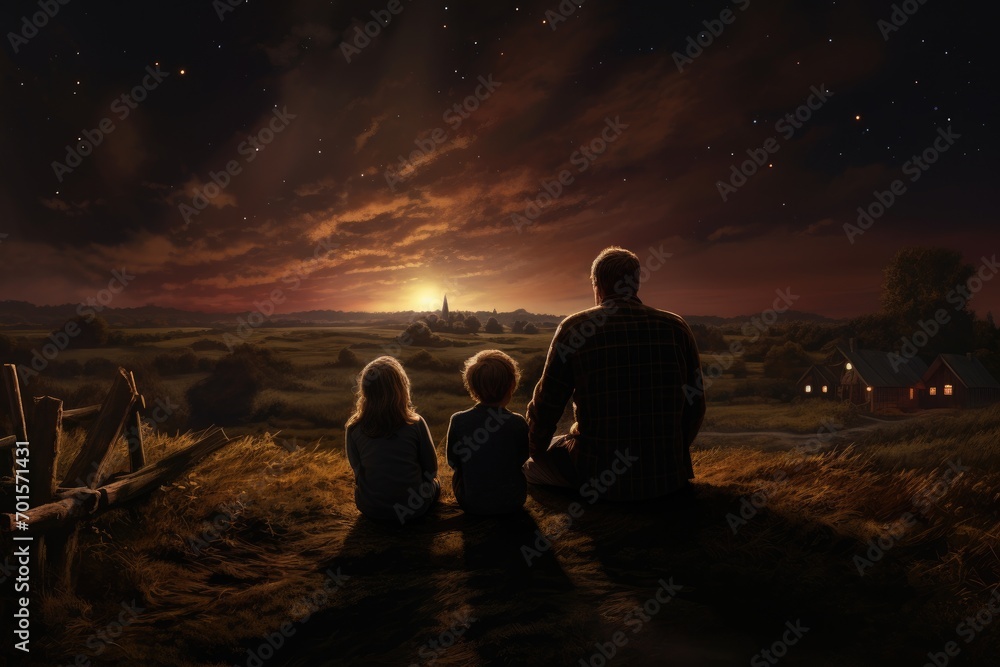 Christmas nativity scene with family at night. Little boy and girl sitting on the ground and looking at the starry sky, A family of four stargazing in a rural setting, AI Generated