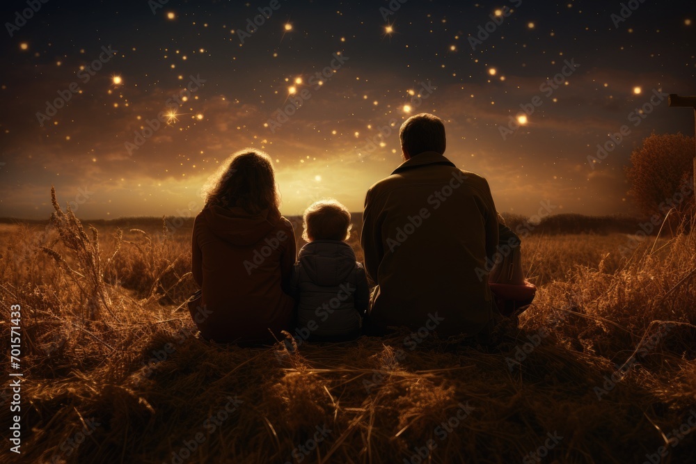 Silhouette of family sitting on the grass and watching the starry sky, A family of four stargazing in a rural setting, AI Generated