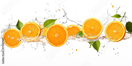Oranges, behind a splash of juice, white background copy space on isolate transparency background, PNG