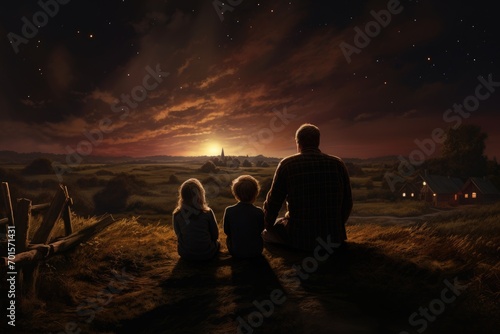 Christmas nativity scene with family at night. Little boy and girl sitting on the ground and looking at the starry sky  A family of four stargazing in a rural setting  AI Generated
