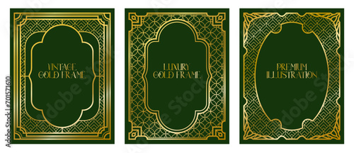 Art Deco gold frame, vintage gold frame, decorative frames, line geometric luxury frames wedding banner label card geometric background vector illustration