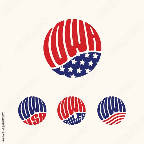 Iowa USA patriotic sticker or button set. Vector illustration for travel stickers, political badges, t-shirts.