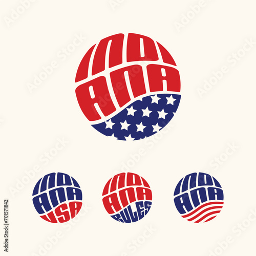 Indiana USA patriotic sticker or button set. Vector illustration for travel stickers, political badges, t-shirts.