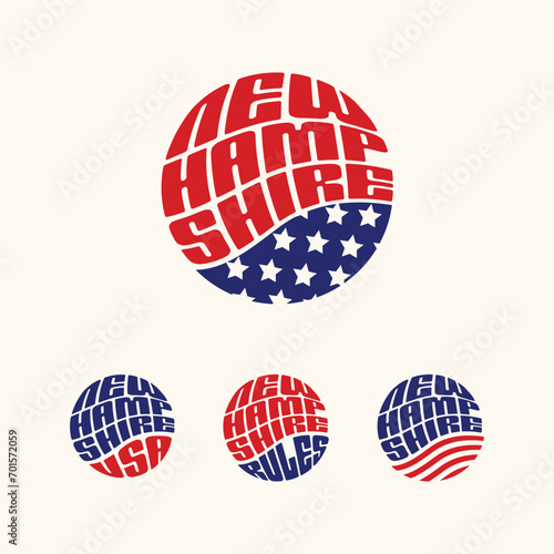 New Hampshire USA patriotic sticker or button set. Vector illustration for travel stickers, political badges, t-shirts.