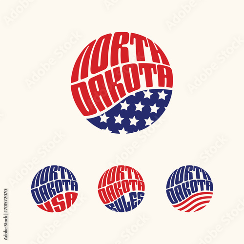 North Dakota USA patriotic sticker or button set. Vector illustration for travel stickers, political badges, t-shirts.
