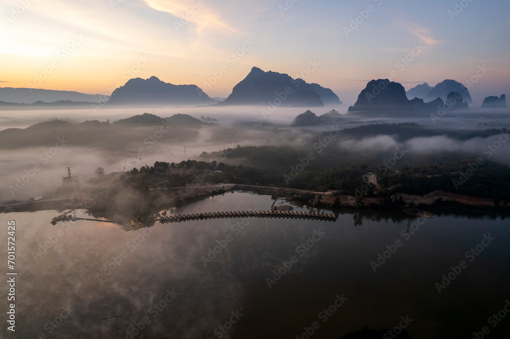 Top view Landscape of Morning Mist with Mountain Layer at Meuang Feuang