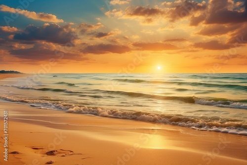 Sandy beach close-up by the sea with crashing waves  vibrant landscape panoramic view  tropical horizon seascape  calm  and relaxing summer mood under the orange and golden sunset sky generative ai