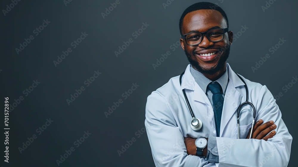 cheerful doctor dark skin guy virologist agent corona virus seminar conference arms crossed pandemic virus expert wear white lab coat tie isolated grey color background cheerful doctor dark skin guy virologist agent corona virus seminar conference arms crossed pandemic virus expert wear white lab coat tie isolated grey color background