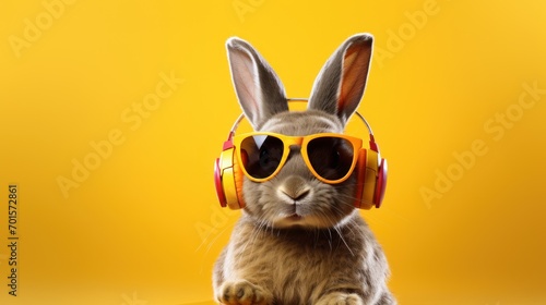 A funny stylist bunny wearing glasses and headphones. AI generated image © Leafart