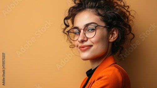 Close up young fun happy successful employee business woman corporate lawyer 30s wearing classic formal orange suit glasses work in office look camera isolated on plain beige color background