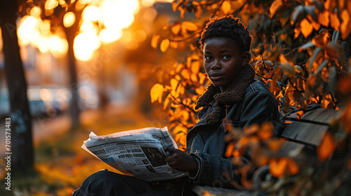 A young African American man is sitting on a bench and reading a new newspaper. photo