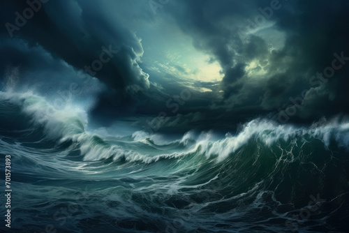 Turbulent masterpiece Huge ocean wave crashes in storm. AI Generative touch captures the majestic power and dramatic beauty of this wild seascape.