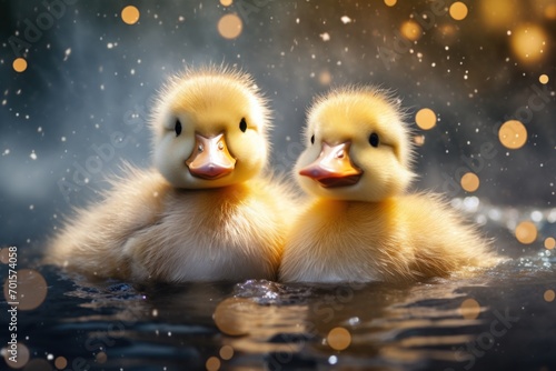 Two utterly adorable ducklings are swimming in a pond.
