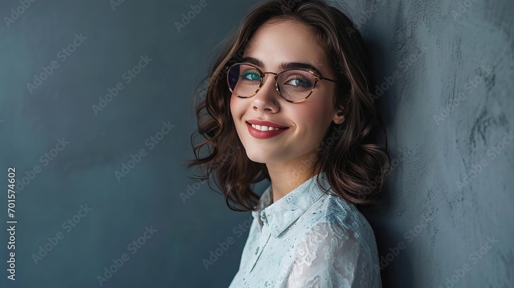 Confident young woman wearing eyeglasses and standing on a grey wall. Confident young woman wearing eyeglasses and standing on a grey wall.