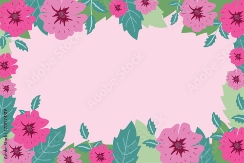 Background with crimson flowers. Pink flowers with leaves for decoration of postcards, covers. Floral background.