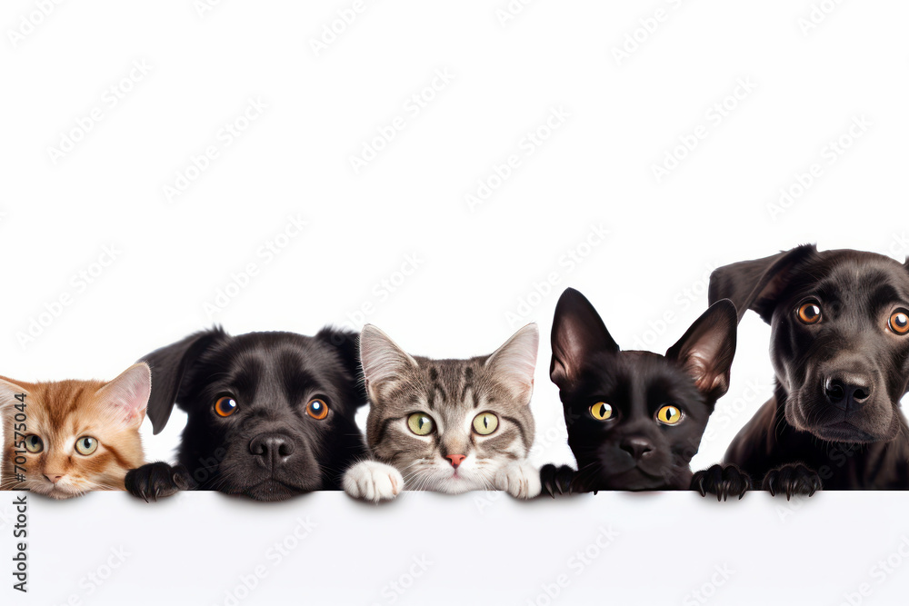 Mascot dogs and cats peek over web banner. AI Generative forms a friendly pet group with a blank sign.