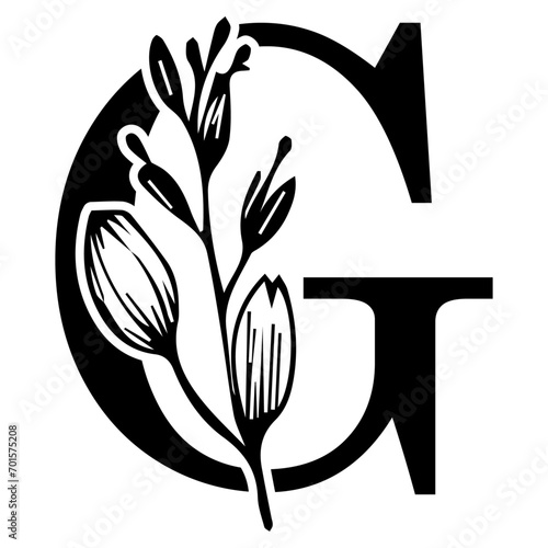 Floral botanical alphabet. G Letter with plants and flowers. G letter logo