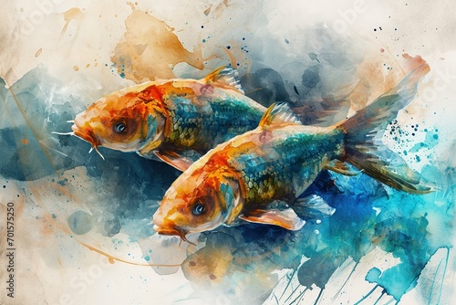 Watercolor painting of fish. Concept of the 12 zodiac signs. Pisces. Art image. Illustration. photo