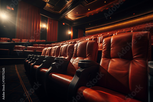 Empty seats in a cinema auditorium, bathed in the gentle light of the projector. The theatre's allure is AI Generative.