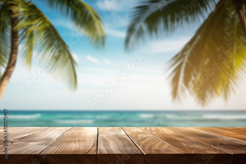 Wooden table by the tropical sea  a display of tranquility and relaxation. Paradise found with an empty deck  palm leaves  and a blue sky. Is AI Generative.