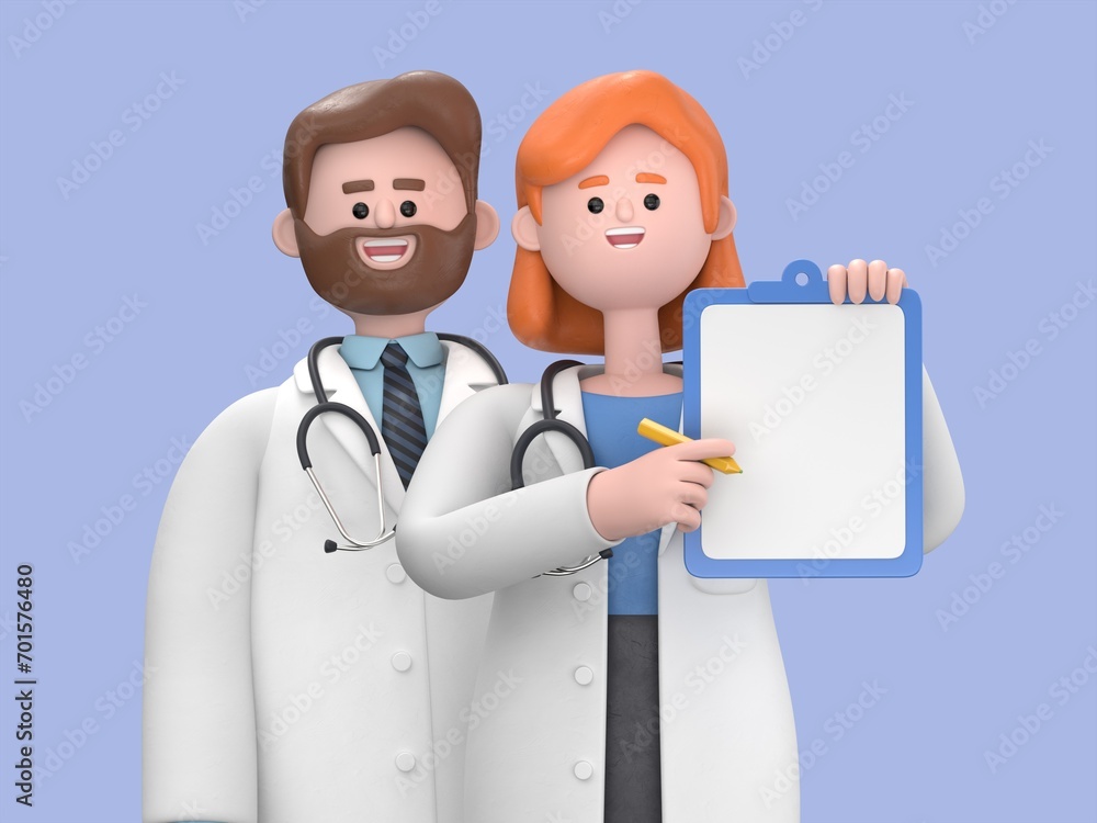 3d rendering, african man doctor holds blank clipboard and caucasian woman nurse in glasses. Medical colleagues hospital staff. Cartoon characters isolated on blue background

