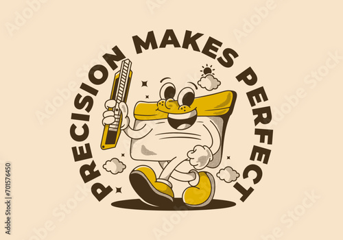 Precision makes perfect. Squeegee mascot character holding a blade, vintage style photo