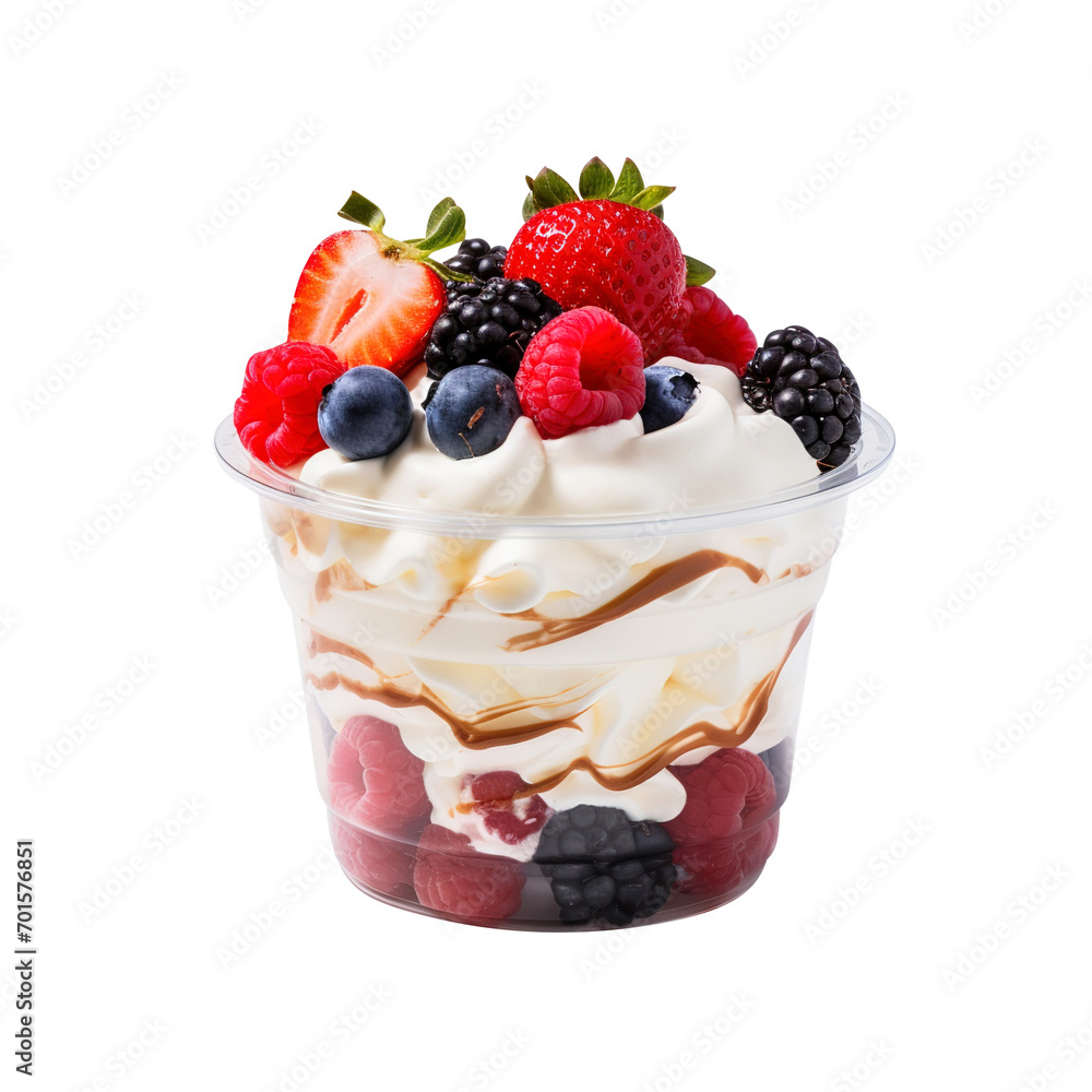 whipped cream dessert with berries in plastic cup isolated on transparent background Remove png, Clipping Path, pen tool whipped cream dessert with berries in plastic cup isolated on transparent background Remove png, Clipping Path, pen tool
