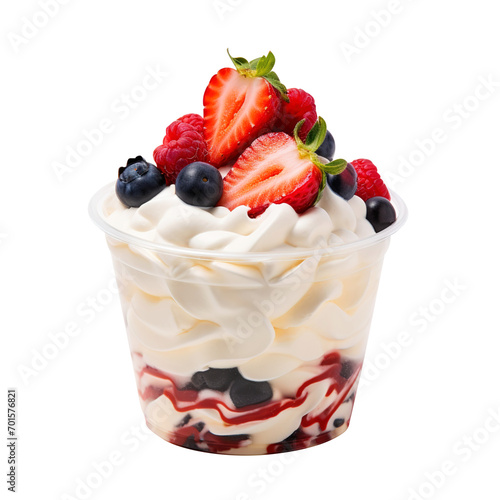 whipped cream dessert with berries in plastic cup isolated on transparent background Remove png, Clipping Path, pen tool