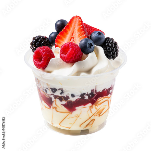 whipped cream dessert with berries in plastic cup isolated on transparent background Remove png, Clipping Path, pen tool